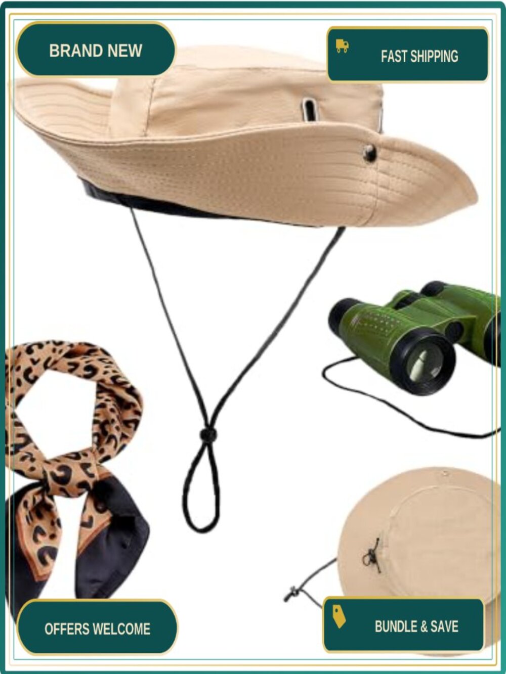 Safari Costume Set Bucket Hat Leopard Scarf Toy Binoculars